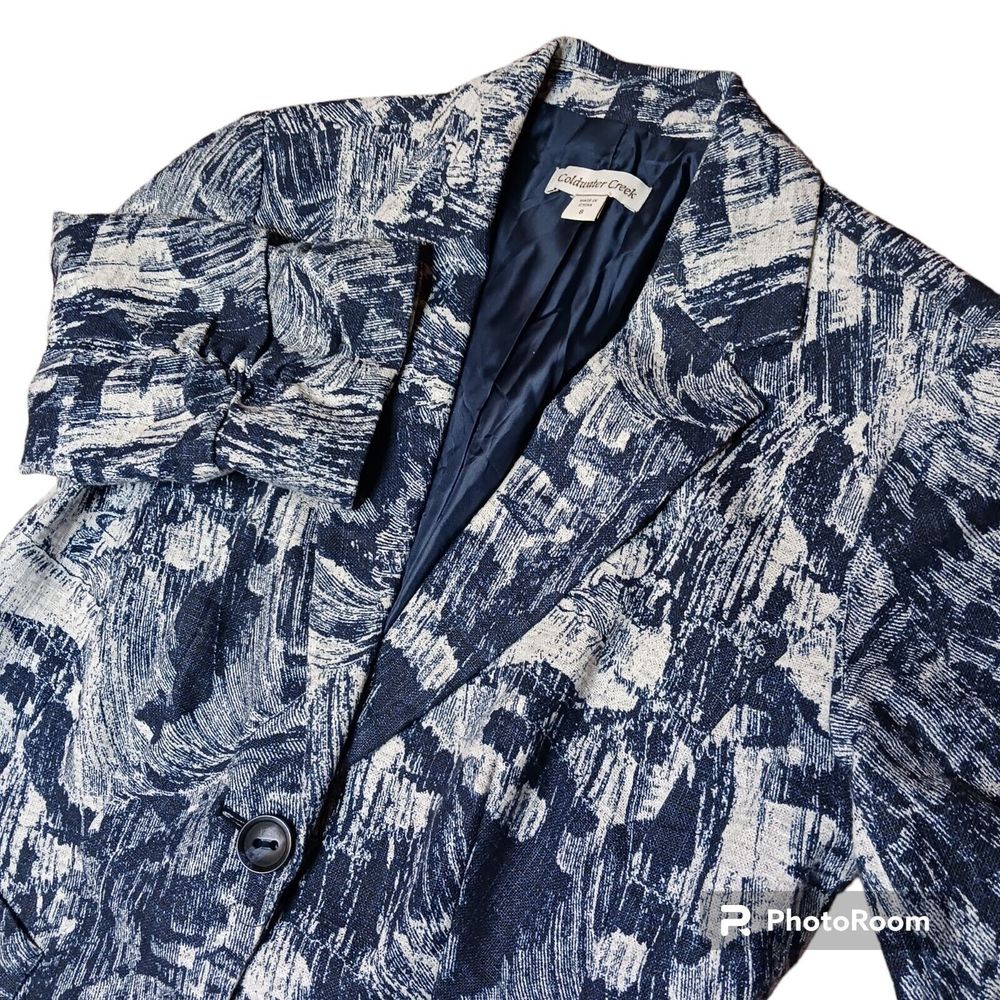 Coldwater Creek Blazer Women's 8 Linen Textured Blue 2 Button Ruched Sleeves‎